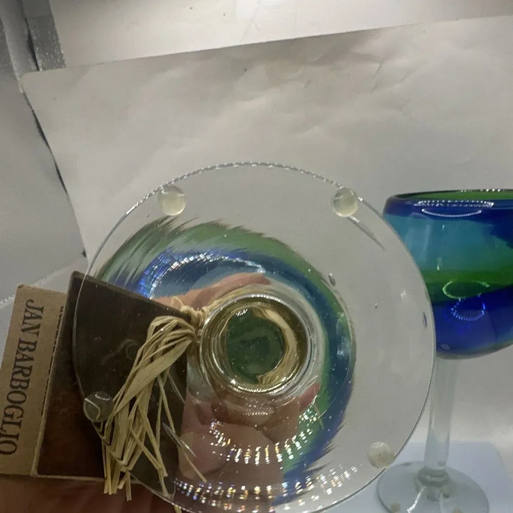 Jan Barboglio Hand Blown Swirl Wine Glasses Set of 3 Blue Green Clear